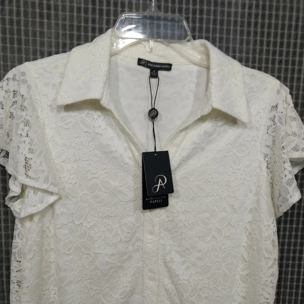 Adrianna Papell Womens Blouse Floral Lace Flutter Sleeve M Ivory AD1S303204